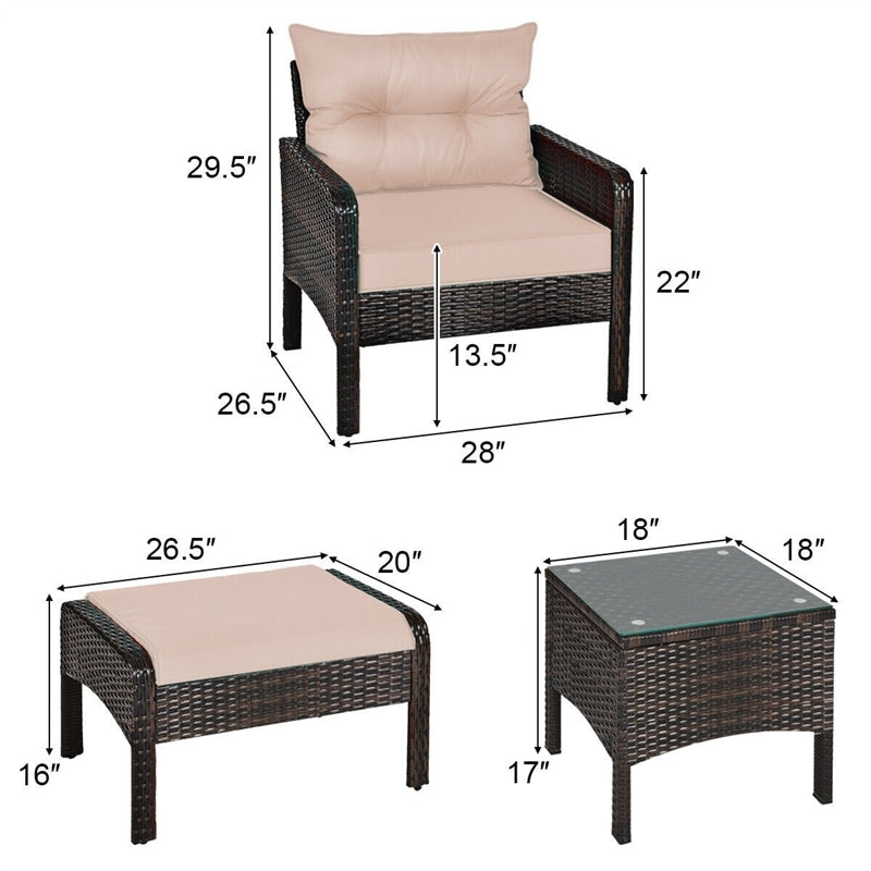 5 Pcs Rattan Patio Conversation Sets with Ottomans & Coffee Table, Wicker Outdoor Bistro Set