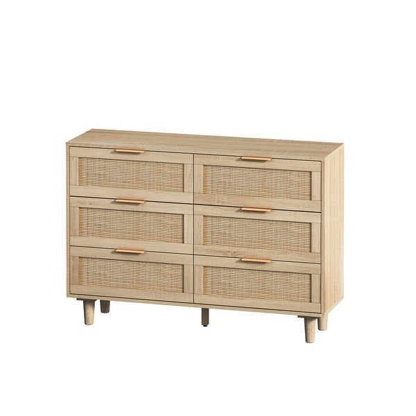 6 Drawer Dresser for Bedroom， Modern Rattan Closet Dressers Chest of Drawers， Wood Storage Cabinets Corner Bedside Table - - 37851519