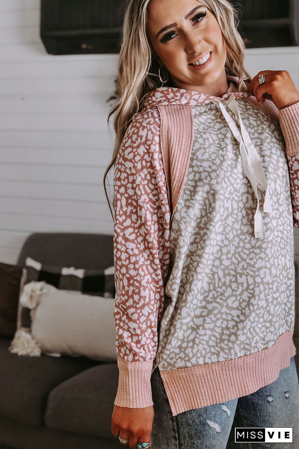 Pink Leopard Long Sleeve Hooded Sweatshirt