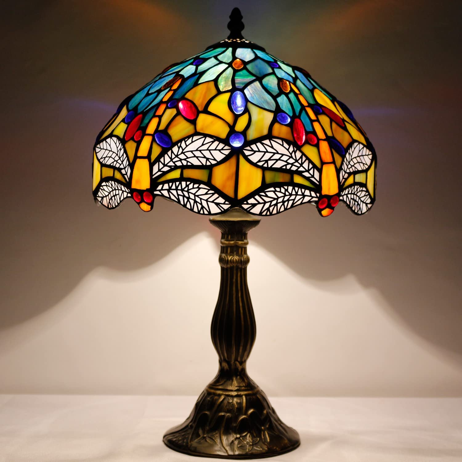 SHADY Tiffany Lamp Sea Blue Yellow Stained Glass Dragonfly Style Table Lamp Nautical Reading Desk Bedside Light 12X12X18 Inches Decor Bedroom Living Room Home Office S128 Series