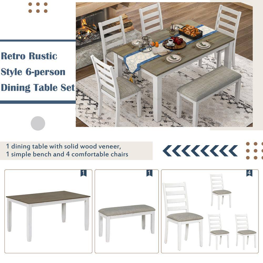 Harper  Bright Designs Rustic Style 6-Piece White Solid Wood Dining Set with 4-Upholstered Chairs and Bench XW033AAD