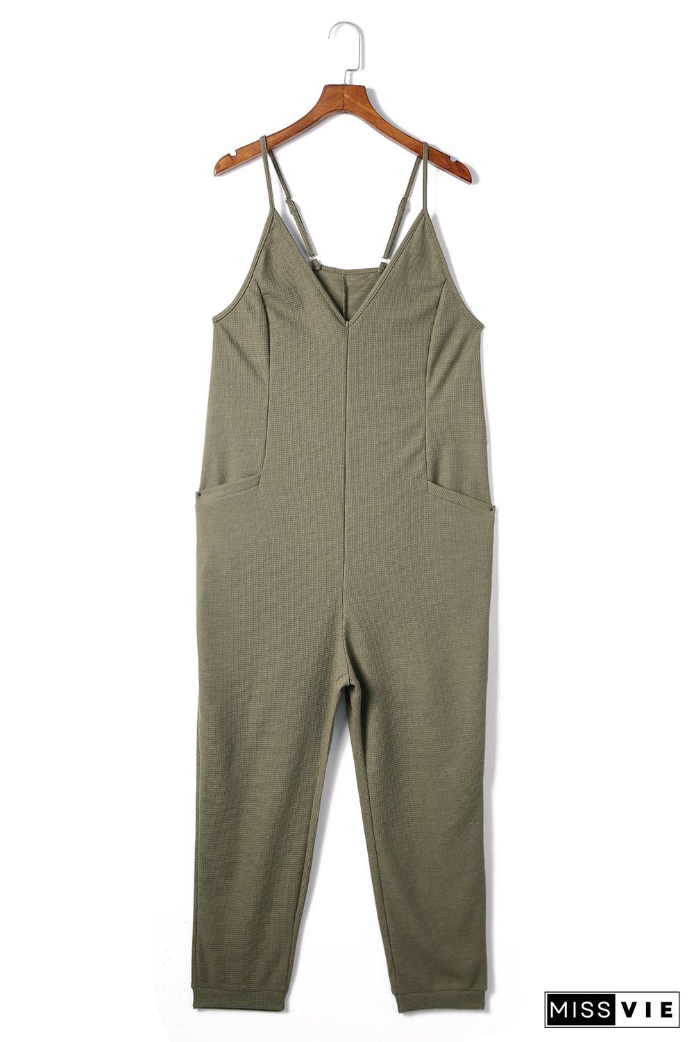 Green Textured Sleeveless V-Neck Pocketed Casual Jumpsuit