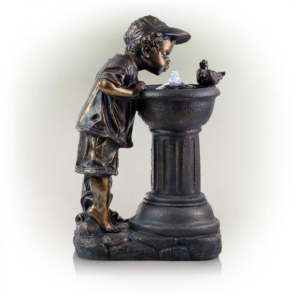 Alpine Corporation 27 in. Tall Indoor/Outdoor Boy Drinking From Water Fountain with LED Lights, Bronze GXT740