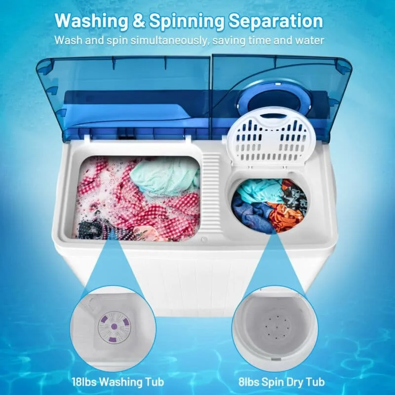 26lbs Portable Semi-automatic Washing Machine with Built-in Drain Pump Twin Tub Washer Spinner Combo