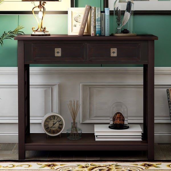 Classic Console Table with 2 Drawers and Open Bottom Shelf， Solid Wood Side Table Entryway Table for Entryway Living Room Bedroom