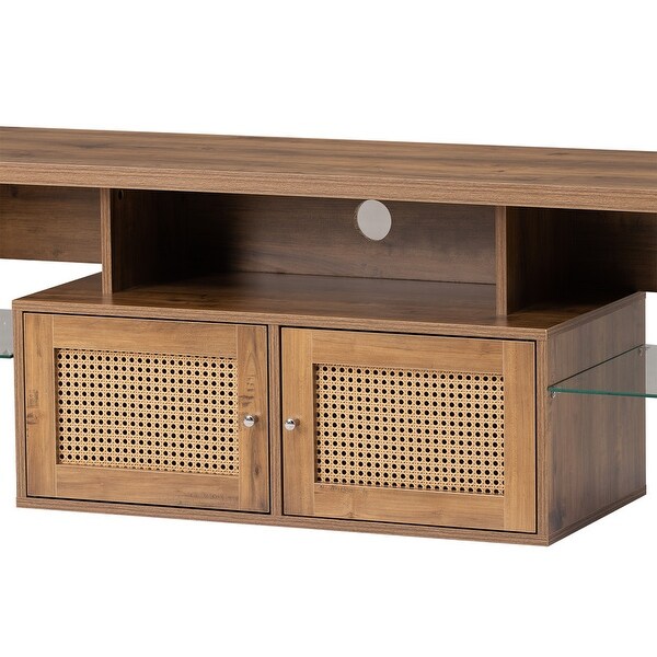 Rustic Rattan LED TV Stand with Adjustable Shelves， for TV ups to 60''