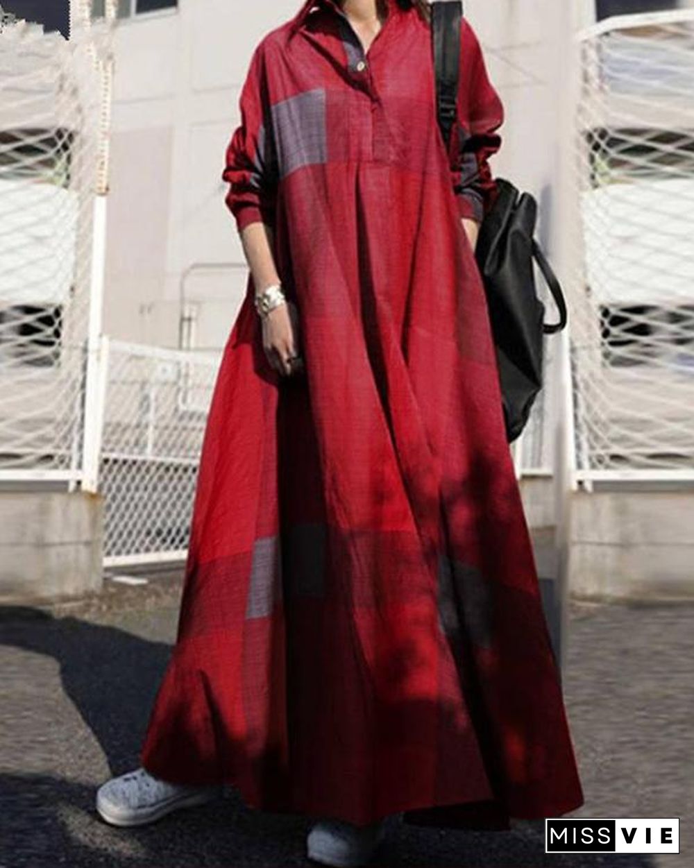 Shirt Collar Loose Fit Big Hem Long Sleeve Maxi Dress