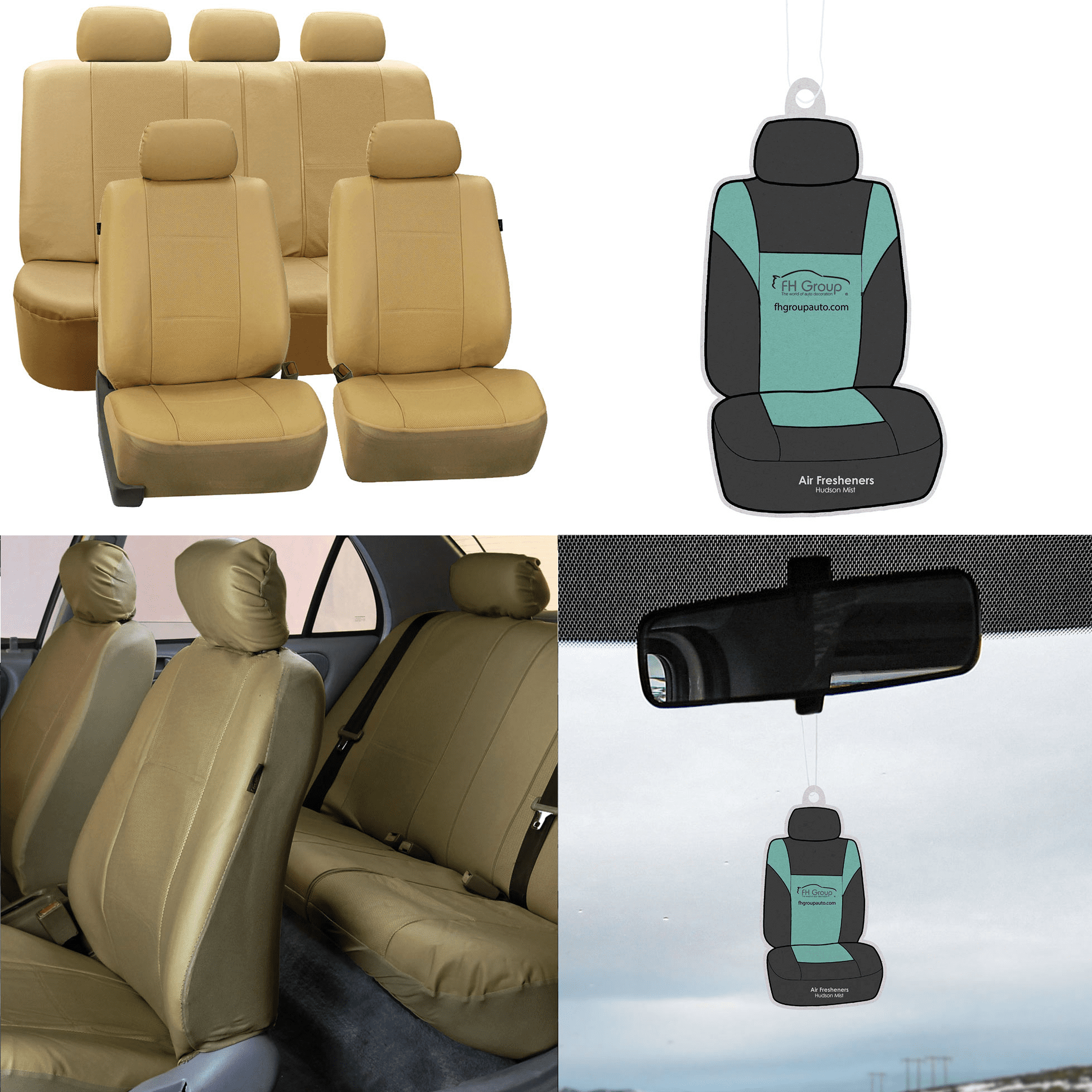 FH Group AFPU007BEIGE115 Beige Leatherette Full Set Car Seat Covers with Air Freshener