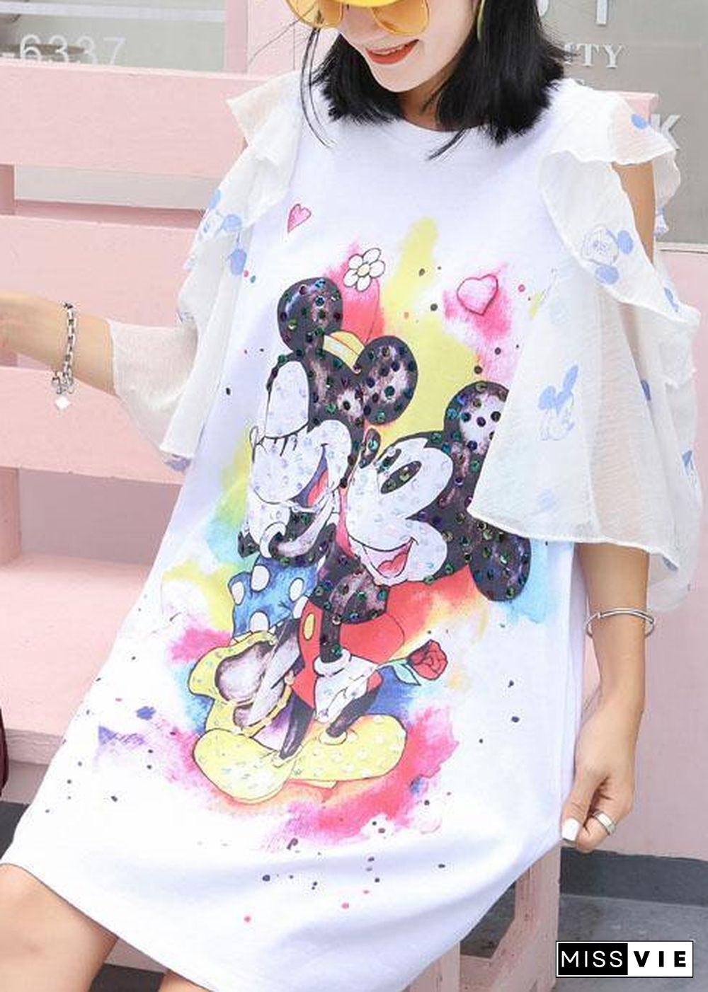 Chic white prints Cotton quilting clothes flare sleeve Knee summer Dress