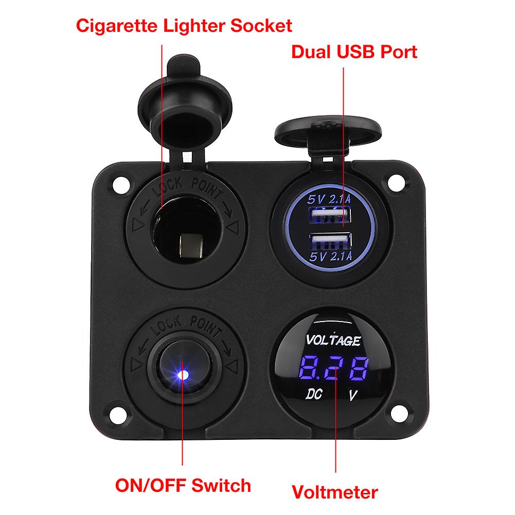 4 Gang On/off Toggle Switch Panel Dual Usb Charger Cigarette Lighter Socket Voltmeter Blue Led