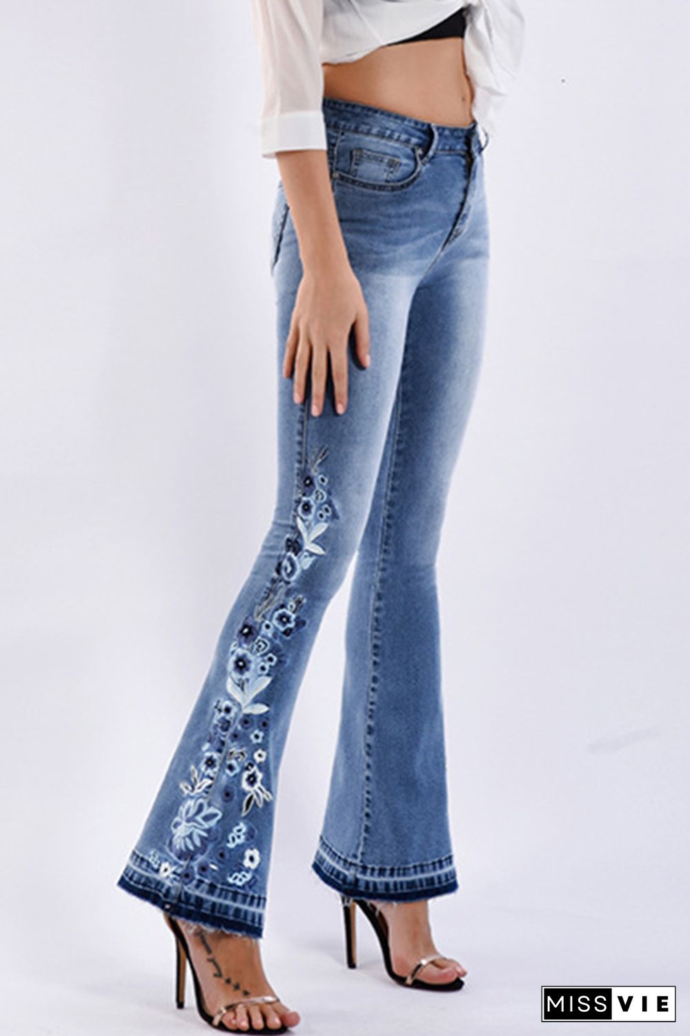 Bleach Embroidered Side Bell Bottom Flared Jeans Wholesale Boutique