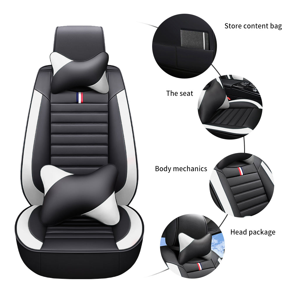 Seat Cover 5 Seats Full Set Universal Fit for Most Vehicle Sedan SUV Truck Pickup Airbag Compatible Synthetic Leather Car Seat Cushion Protector All Weather Adjustable(Black+White)