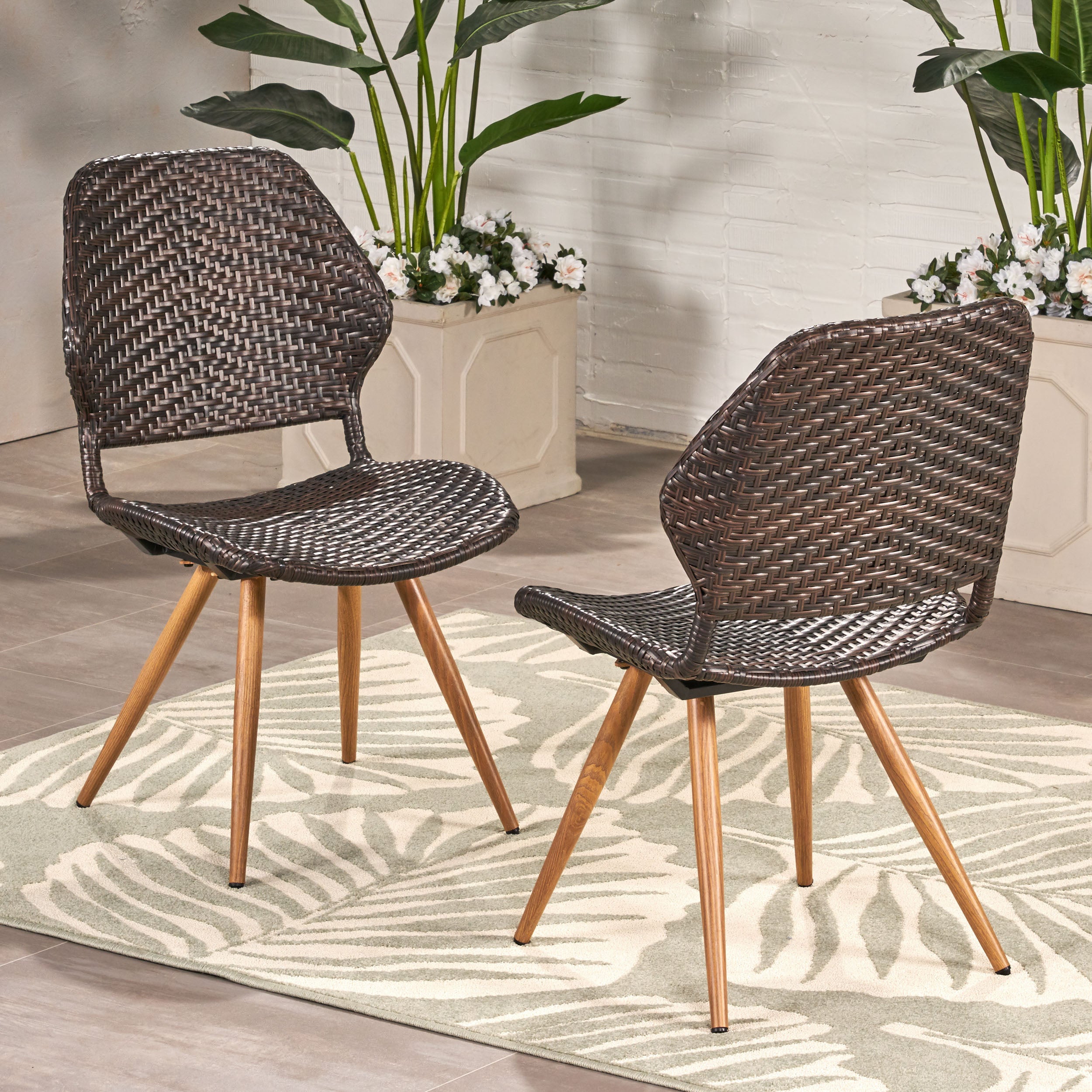 Amaya Outdoor Multi-brown Wicker Dining Chairs with Brown Wood Finish Metal Legs (Set of 2)