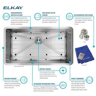 Elkay Crosstown Undermount Stainless Steel 33 in. Single Bowl Kitchen Sink with Bottom Grid and Drain EFRU311610TC