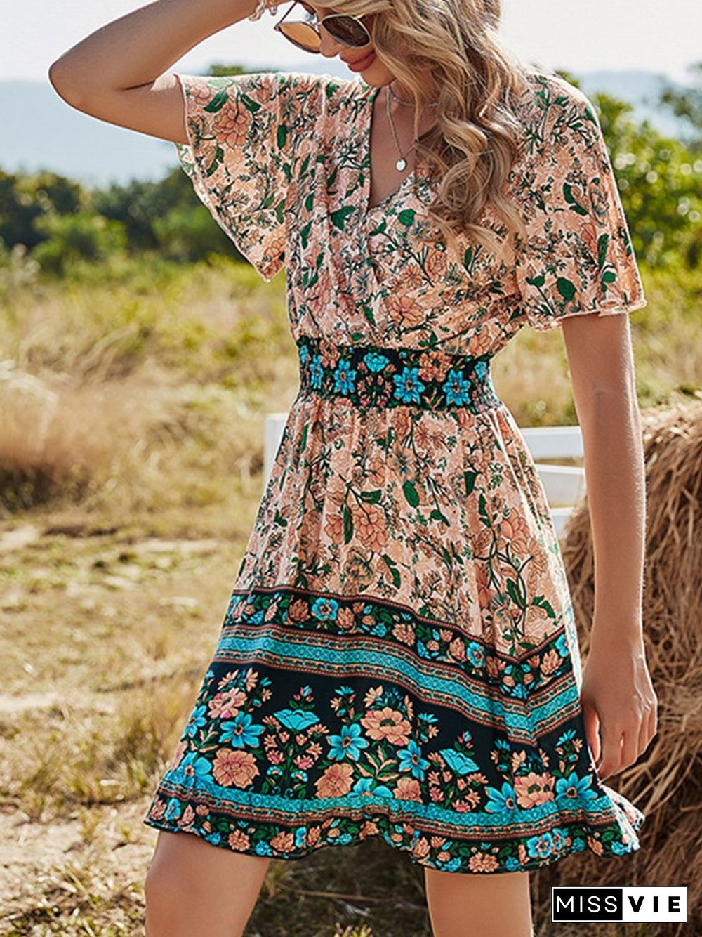 Short Sleeve Bohemian Print Dress P14760