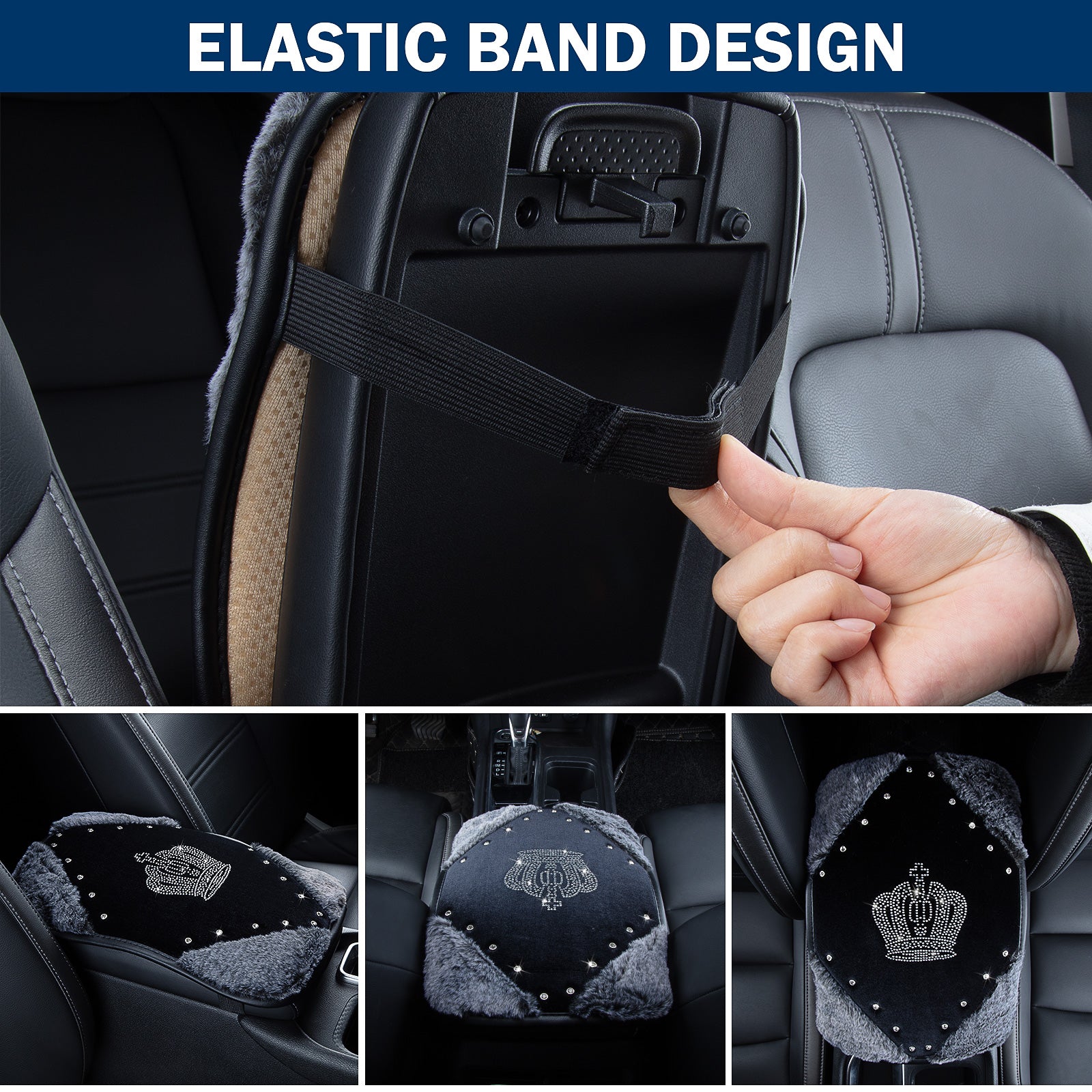 eing Fashion Exquisite Car Armrest Center Console Pad Plush Seat Center Mat Cushion Cover with Bling Diamonds and Crystal，13.7