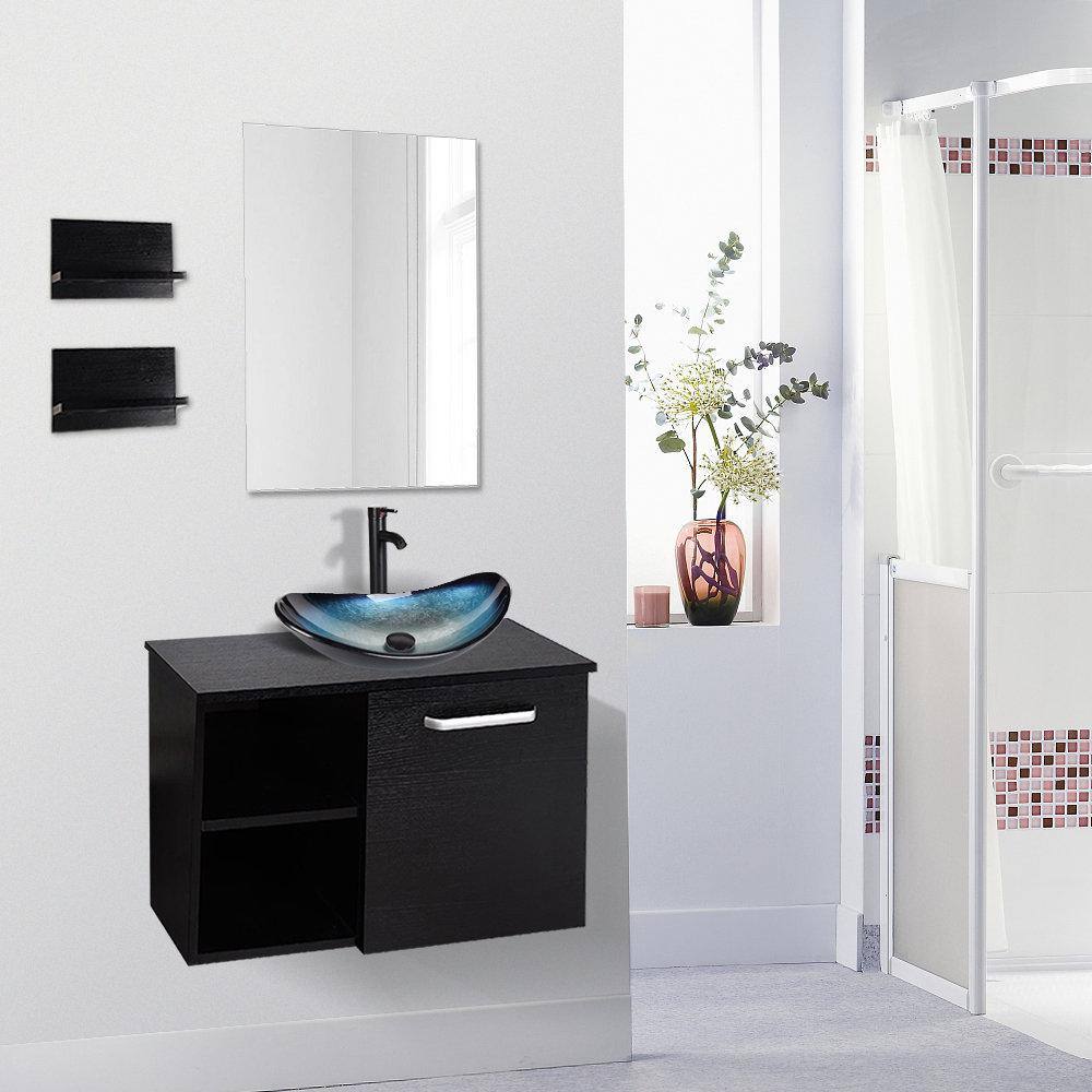 Puluomis 28 in. W x 19 in. D x 28 in. H Single Sink Bath Vanity in Black with Black Solid Surface Top and Mirror USBA20079+USGB0005-BL