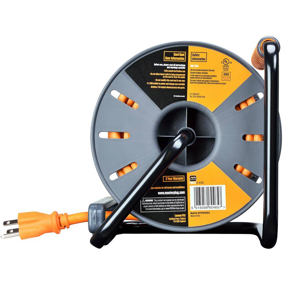 Masterplug 75 ft 15 Amp 12 AWG Large Open Reel with USB Charging and 4-Sockets OLP751512G4SLU