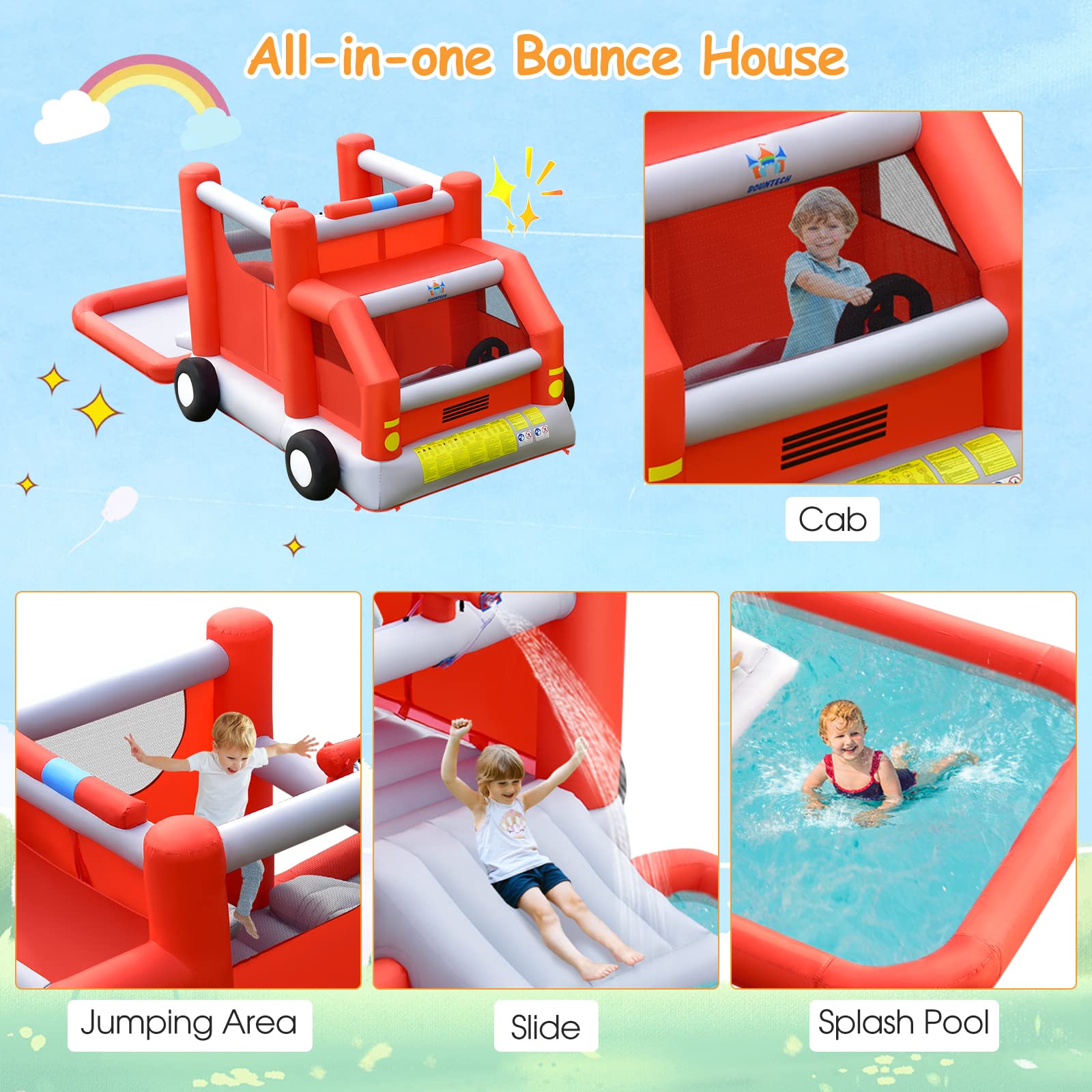 Costzon Inflatable Water Slide, 6 in 1 Fire Truck Water Park Jumping Bounce House Wet & Dry