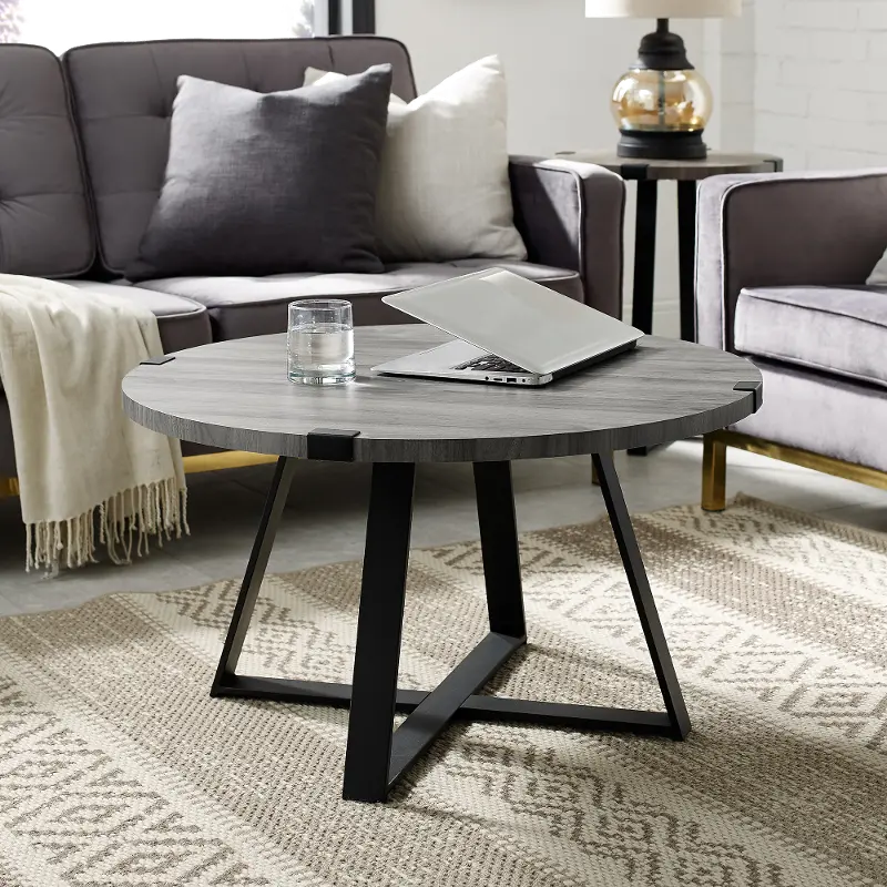 Slate Gray Round Coffee Table - Metal Wrap - Walker Edison