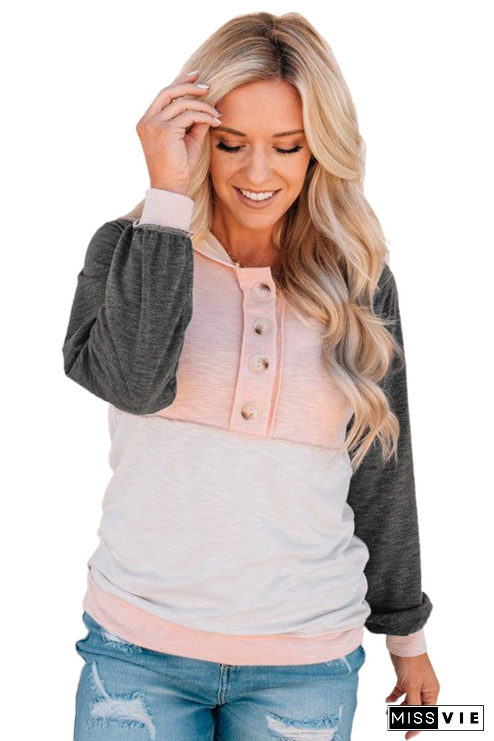 Gray Colorblock Button Accent Pullover Hoodie