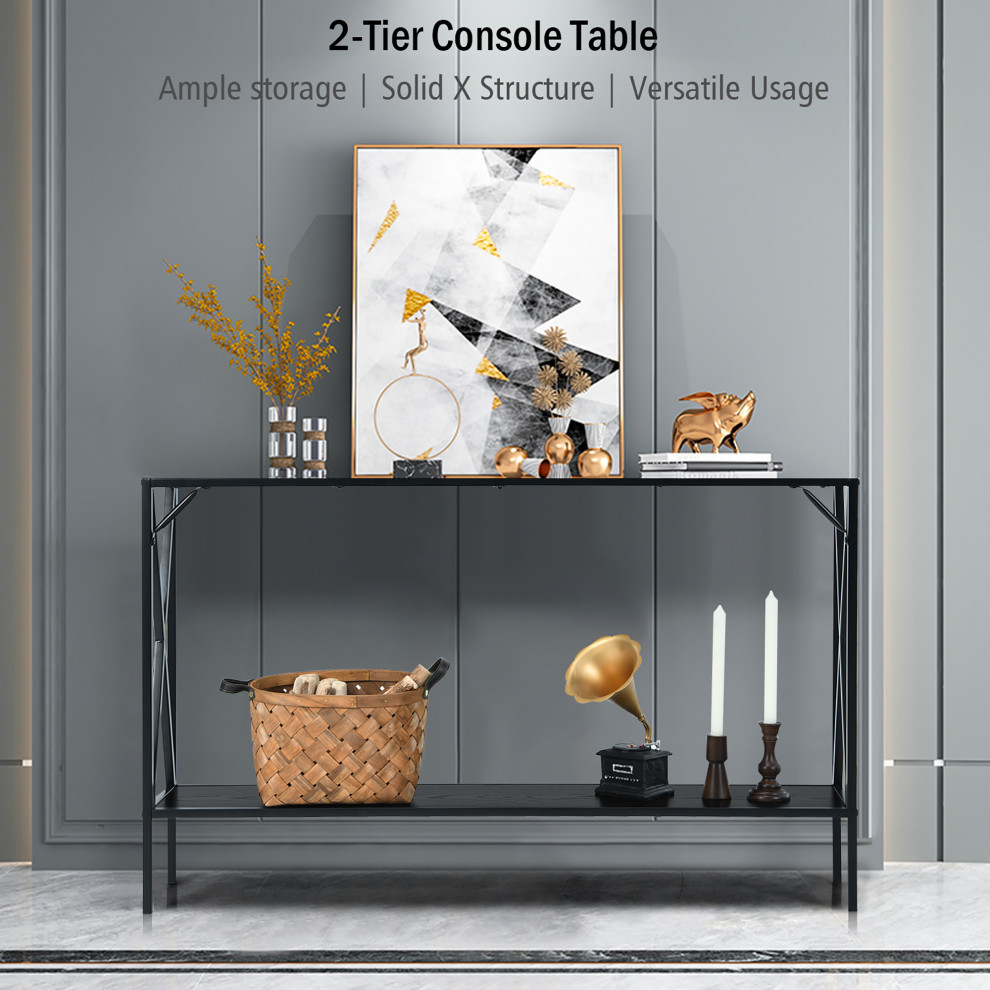 Costway 2 Tier Console Table Accent Side Entryway Table Metal Frame Black   Industrial   Console Tables   by Homesquare  Houzz