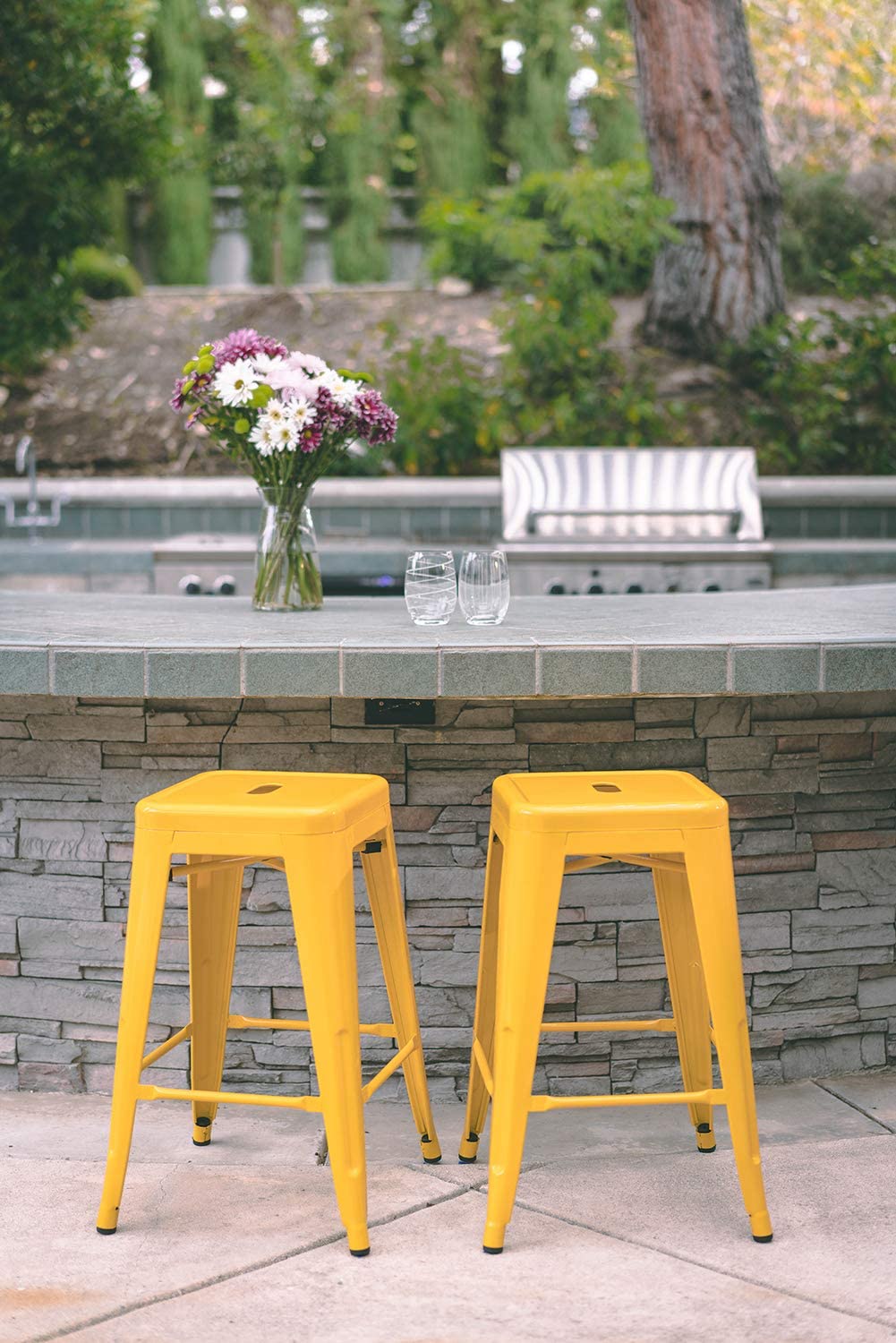 24 Inch Metal Bar stools, Backless Counter Height Barstools, Indoor Outdoor Stackable Stools with Square Seat