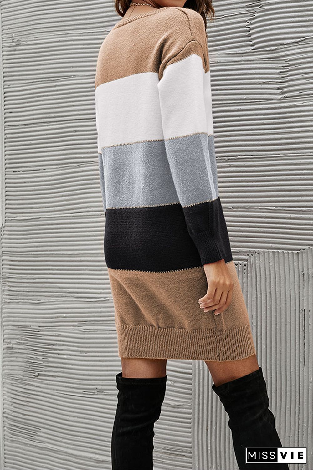 Colorblock O-neck Long Sleeve Sweater Dress Wholesale