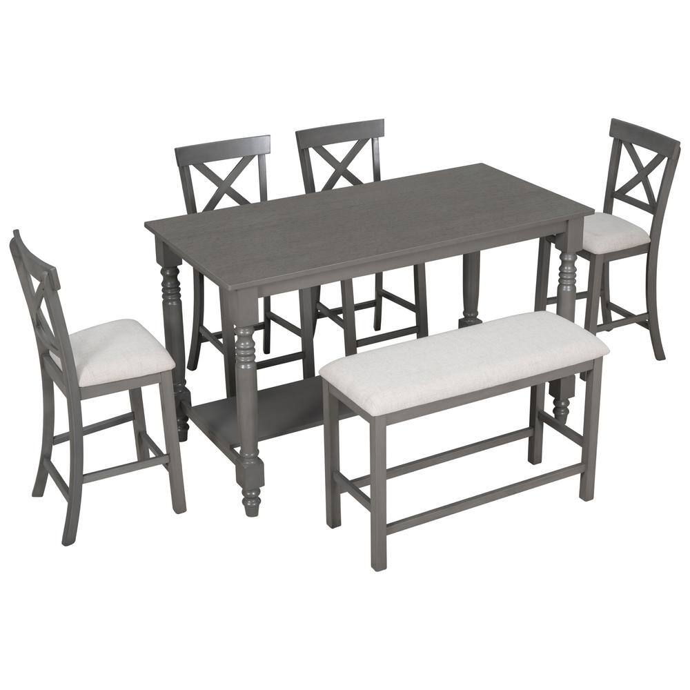 Qualler Gray 6-Piece Wood Top Dining Table with 4 Chairs and Bench DTM000064E