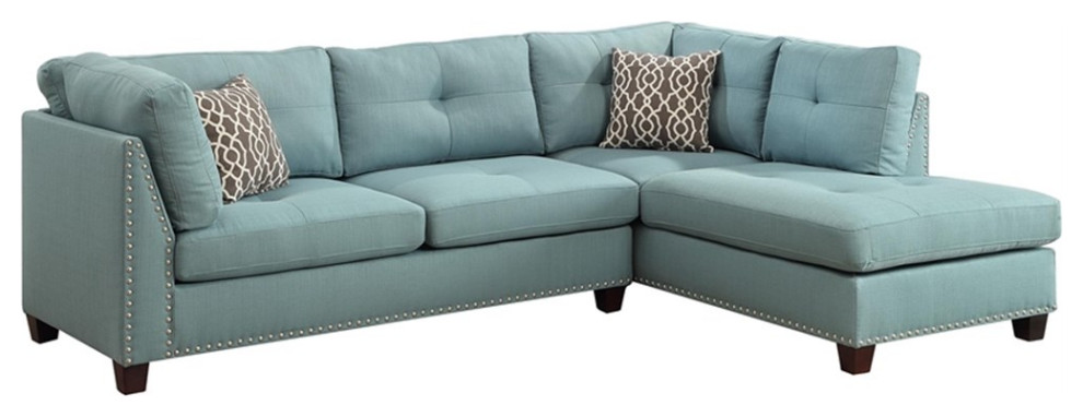 Bowery Hill Sectional Sofa  ampOttoman in Light Teal Linen Green Finish   Contemporary   Sectional Sofas   by Homesquare  Houzz