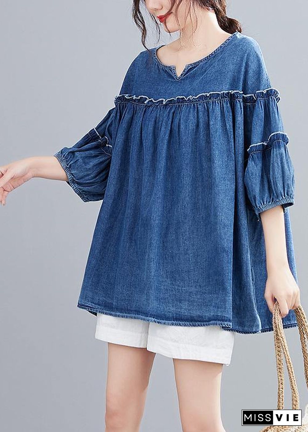 French v neck lantern sleeve cotton summer top Outfits denim blue shirts