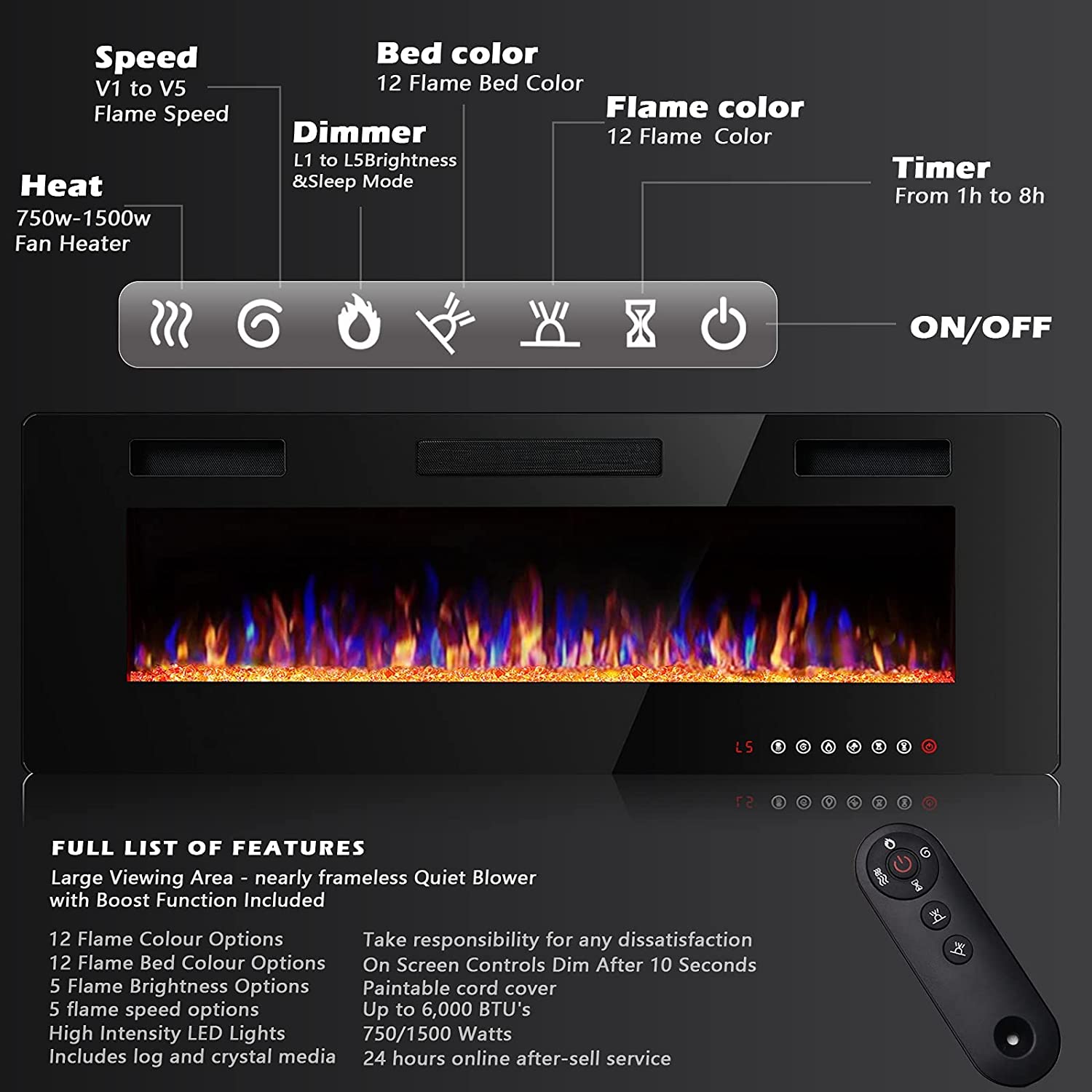 BOSSIN 60 inch Electric Fireplace, Recessed Wall Mounted Electric Fireplace inserts,Ultra Thin Adjustable Flame Colors & Speed Fireplace with Touch Screen and Remote Control