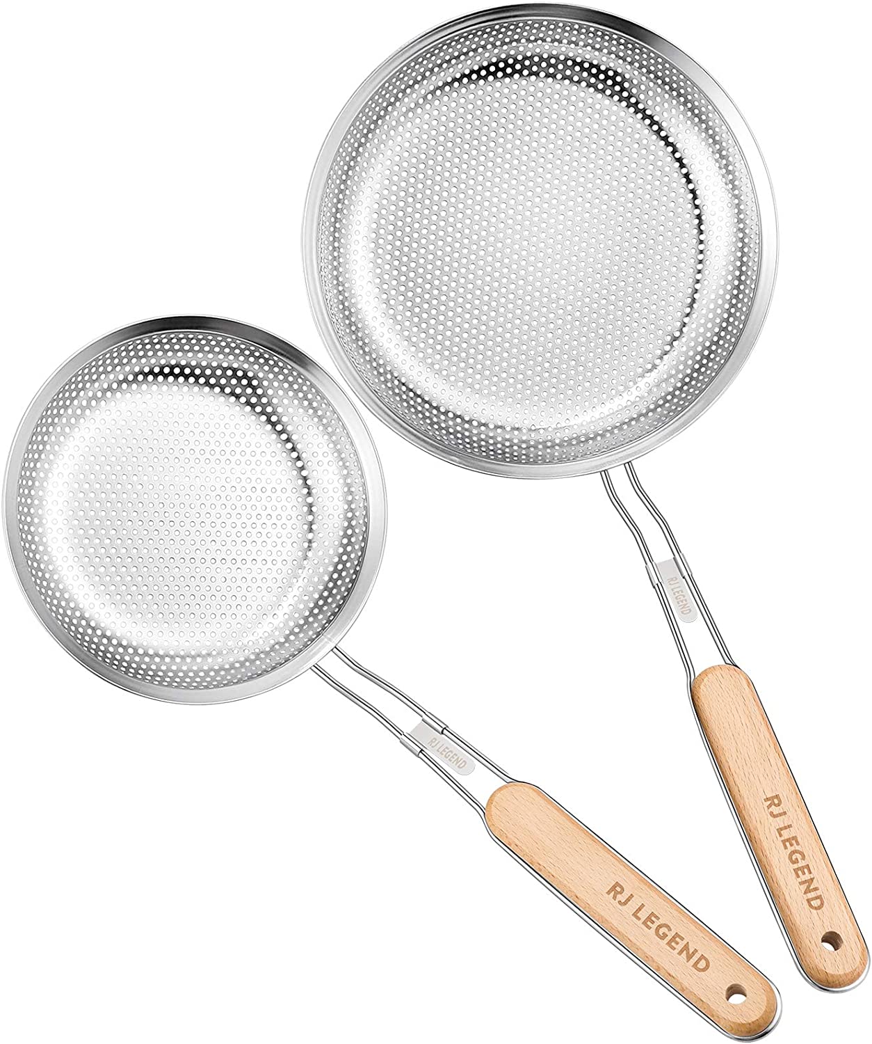 RJ Legend Stainless Steel Micro-Perforated Skimmer Strainer, Pasta Noodle Net Basket With Wooden Handle, 2 Pieces Kitchen Utensil Set - 6.4-inch and 8-inch Slotted Spoon Set