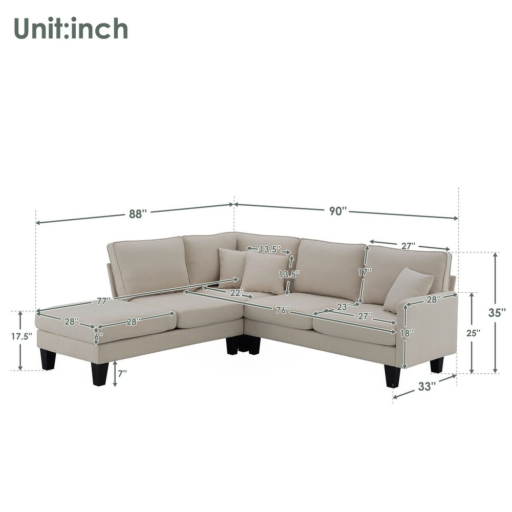 Terrycloth Modern L Shape Sectional Sofa  5 Seat Practical Couch Set with Chaise Lounge and 3 Pillows for Living Room