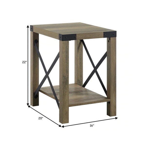 Eli 22 Inch Wood End Table， Metal Brackets， Cross Bars， Rustic Oak Brown - 16 L x 20 W x 22 H Inches