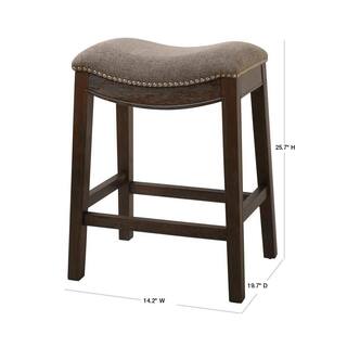 New Ridge Home Goods Saddle Backless Weathered Grey Wood 25.5 in. Counter-Height Bar Stool with Smoked Gray Linen Seat One Stool NH100154-FCS-WG