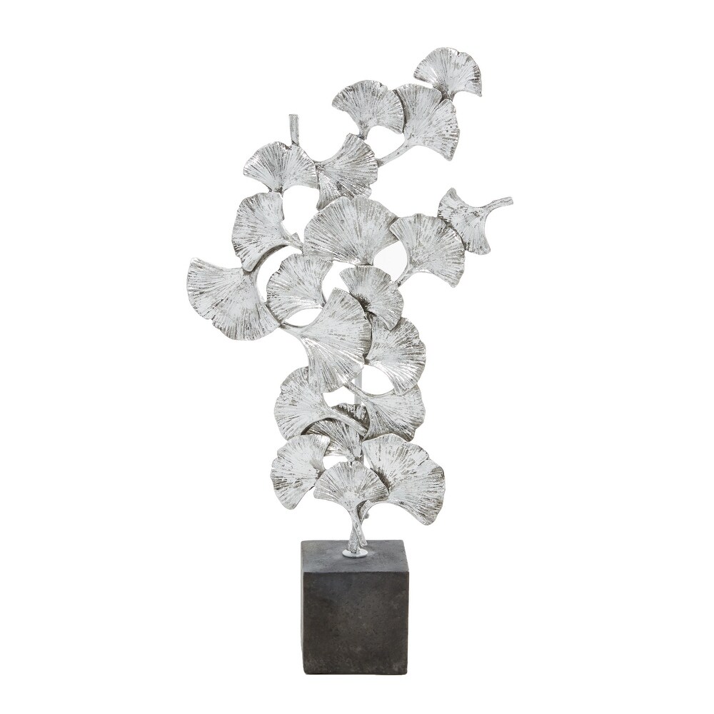 Silver Polystone Floral Sculpture with Black Block Base   10 x 3 x 19