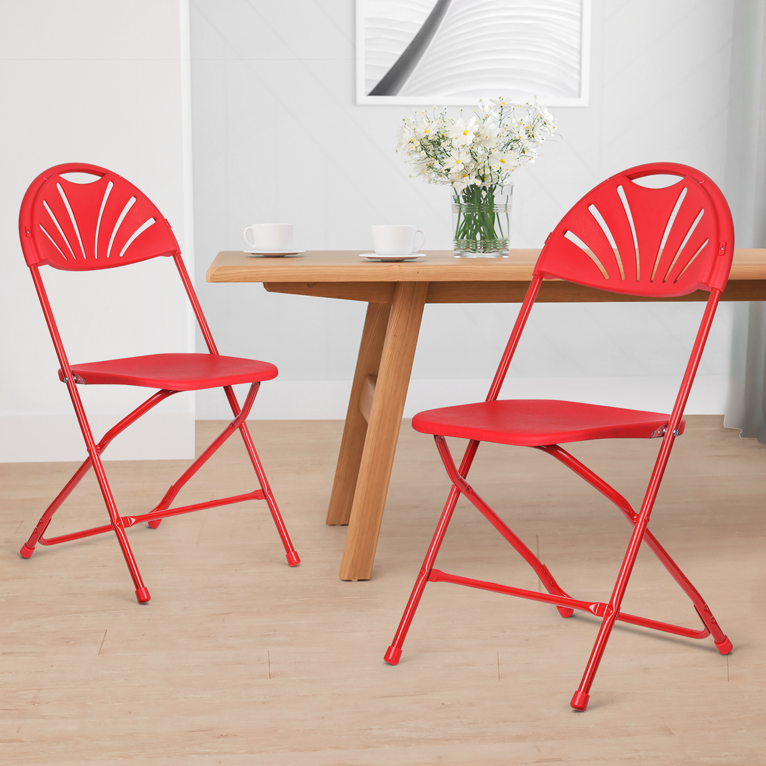 MoNiBloom Folding Plastic Chair, 10 Pack Portable Stackable Commercial Seat with Fan Back, for Wedding Camping, Red