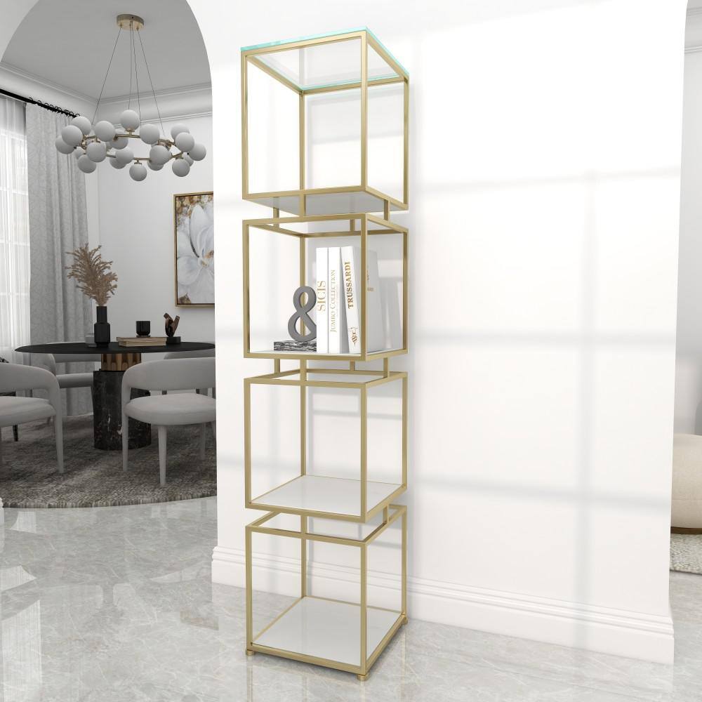 Litton Lane Metal Stationary Gold Cube Shelving Unit with 4 Marble Shelves 040244