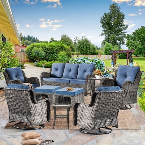 Wicker Patio Furniture Conversation Set with High Back Swivel Chairs and Storage Ottomans，Cushions Included🎃