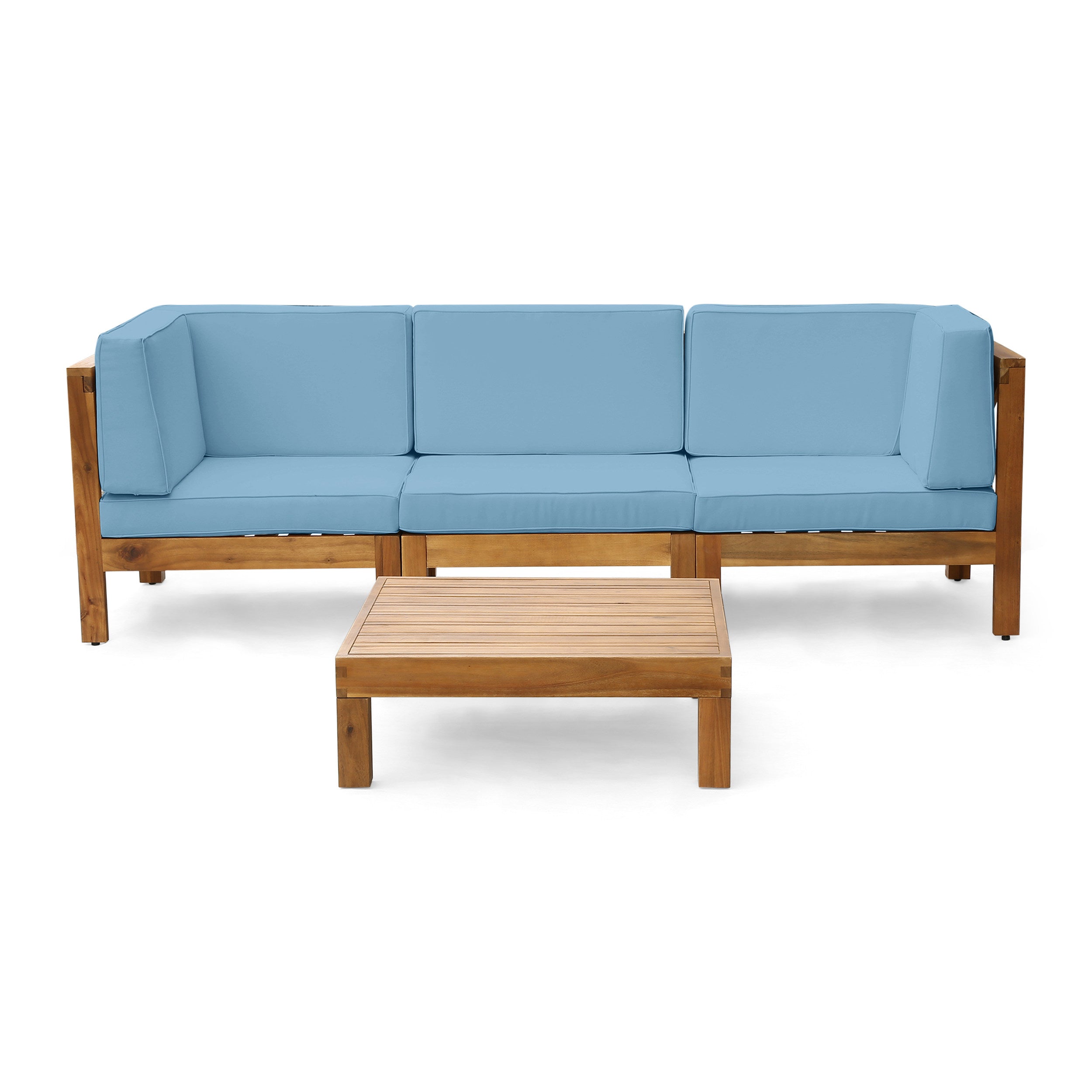 Brava Outdoor Modular Acacia Wood Sofa and Coffee Table Set with Cushions