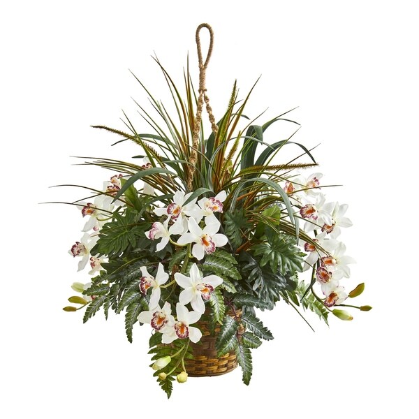 29 Cymbidium Orchid and Mixed Greens Artificial Plant Hanging Basket