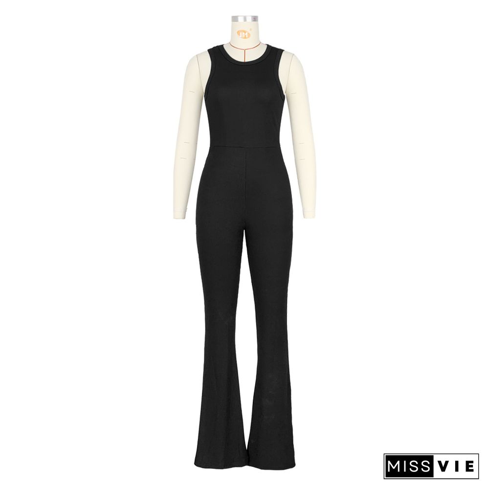 XS Simple Solid Sleeveless Casual Flared Jumpsuits