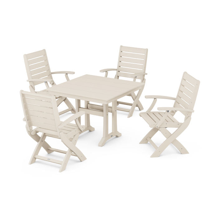 Polywood Signature Folding Chair 5-Piece Farmhouse Dining Set With Trestle Legs PWS955-1