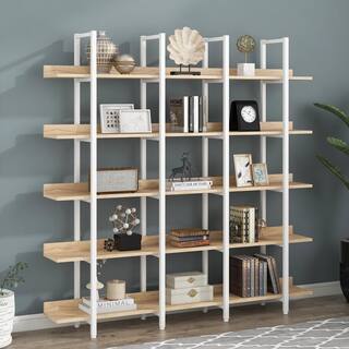 Harper  Bright Designs 70.90 in. H x 70.90 in. W White and Oak 5-Tier Vintage Industrial Style Bookcase with Adjustable Foot Pads FSX014AAC