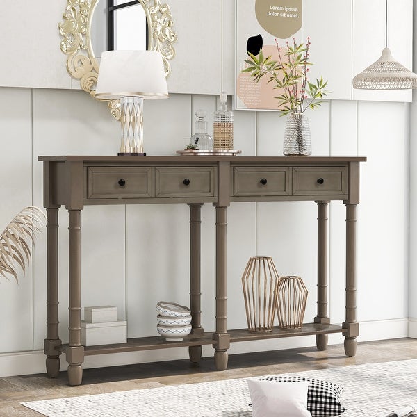 Solid Wood Sofa Table Console Table with 2 Drawers and Open Bottom Shelf， Classic Rustic Entryway Table Side Table for Living Room