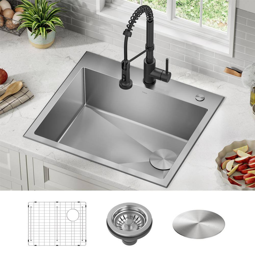 KRAUS Loften Stainless Steel 25 in. 1-Hole Single Bowl Drop-in  Undermount Kitchen Sink with Accessories KHT411-25