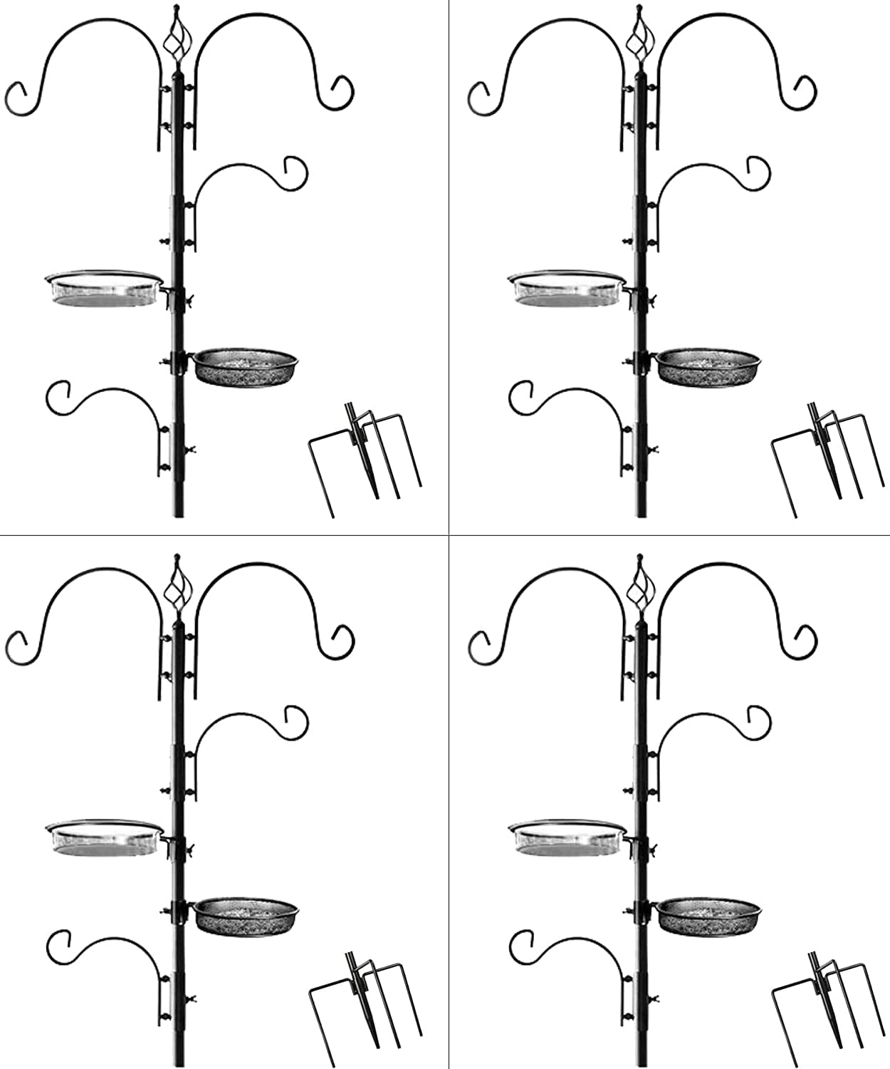 Ashman Deluxe Bird Feeding Station (4 Pack) Bird Feeders For Outside - Multi Feeder Pole Stand Kit With 4 Hangers， Bird Bath And 3 Prong Base For Attracting Wild Birds - 22 Inch Wide X 92 Inch Tall.