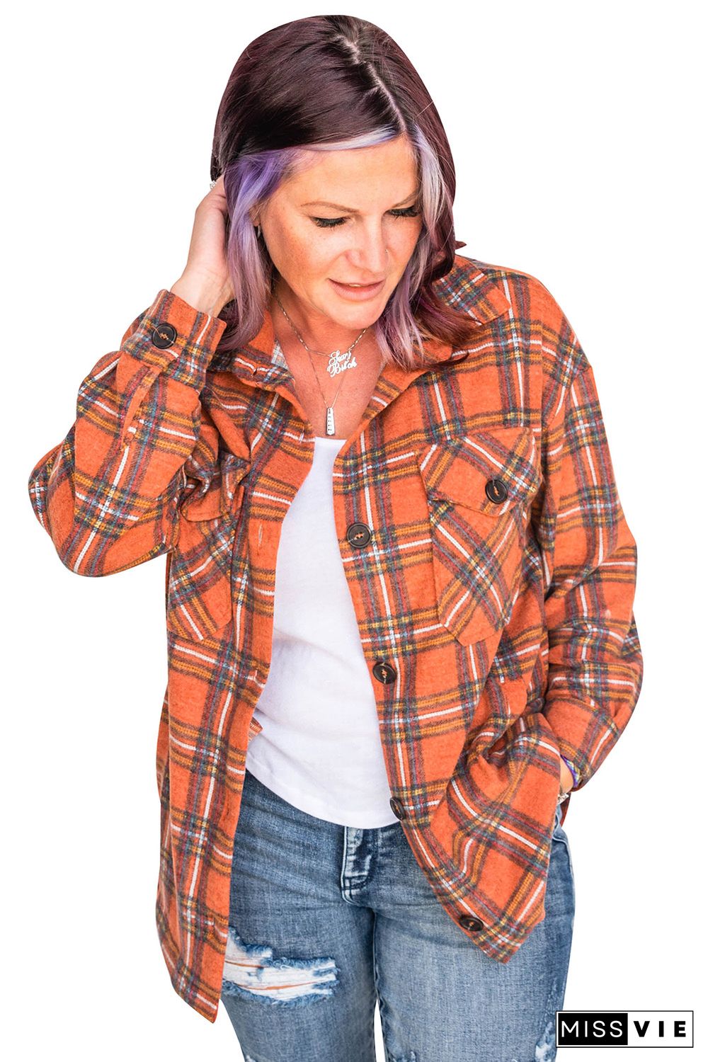 Orange Plus Size Plaid Pocketed Long Sleeve Shirt