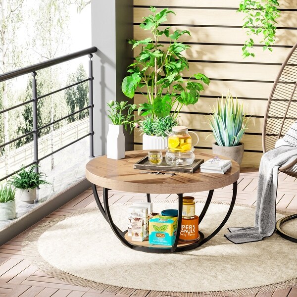 Round Coffee Table， Modern 2-Tier Center Table - Wood